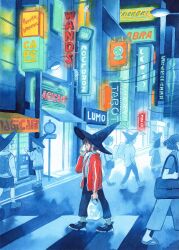Rule 34 | 1girl, bag, blue hat, blue light, brown hair, city, cityscape, crosswalk, denim, green socks, grocery bag, hat, heikala, highres, jacket, jeans, lamppost, neon sign, night, original, outdoors, painting (medium), pants, people, red jacket, shirt, shoes, shopping bag, short hair, sneakers, socks, solo focus, talking on phone, traditional media, watercolor (medium), white shirt, witch, witch hat