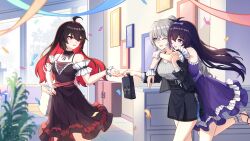 3girls absurdres ahoge bare_shoulders black_bag black_dress black_hair black_jacket black_skirt blush bow breasts bronya_zaychik bronya_zaychik_(outstanding_attitude) bronya_zaychik_(silverwing:_n-ex) broseele colored_inner_hair commentary_request dress grey_eyes grey_hair grey_shirt hair_between_eyes hair_bow hand_on_own_hip highres honkai_(series) honkai_impact_3rd hug hug_from_behind indoors jacket large_breasts long_hair looking_at_another medium_breasts multicolored_hair multiple_girls office_lady official_alternate_costume one_eye_closed open_clothes open_jacket open_mouth pink_pupils purple_bow purple_dress purple_eyes purple_hair red_bow red_eyes red_hair ribbed_shirt seele_(alter_ego) seele_vollerei shirt sidelocks skirt smile white_wrist_cuffs wrist_cuffs