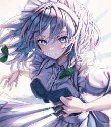 Rule 34 | 1girl, absurdres, braid, closed mouth, commentary, grey eyes, grey hair, highres, holding, holding knife, izayoi sakuya, knife, looking at viewer, maid, maid headdress, side braid, solo, torinari (dtvisu), touhou, twin braids, upper body, white background