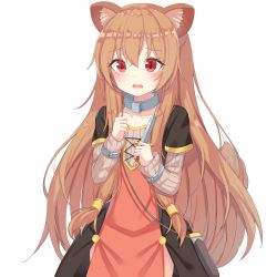 Rule 34 | 1girl, absurdres, animal ears, blush, brown hair, collar, collarbone, cowboy shot, dress, hair between eyes, hair ornament, hand up, highres, holding, holding weapon, long hair, long sleeves, looking at viewer, open mouth, pelvic curtain, raccoon ears, raccoon girl, raccoon tail, raphtalia, red eyes, short sword, simple background, sleeves past wrists, solo, sword, tail, tate no yuusha no nariagari, tears, thighs, wavy mouth, weapon, white background, xue lu