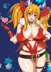 Rule 34 | 1girl, absurdres, action taimanin, alternate costume, artist request, ass, blonde hair, blue eyes, breasts, christmas, cleavage, gloves, highleg, highleg leotard, highres, huge breasts, leotard, lips, long hair, looking at viewer, official alternate costume, onizaki kirara, red gloves, red leotard, shiny skin, smile, solo, sweat, taimanin (series), taimanin rpgx, thong leotard, twintails, very long hair, wide hips