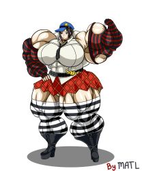 Rule 34 | absurdres, blush, brown hair, extreme muscles, flexing, green eyes, hat, highres, marie (persona 4), persona, persona 4, skirt, torn clothes