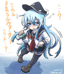 Rule 34 | 1girl, alcohol, anchor symbol, aoba (akibajun), black sailor collar, black skirt, black thighhighs, blue eyes, bottle, commentary request, dated, drunk, flat cap, gradient background, hat, hibiki (kancolle), highres, kantai collection, long hair, neckerchief, one-hour drawing challenge, pleated skirt, red neckerchief, sailor collar, school uniform, serafuku, silver hair, skirt, solo, squeans, thighhighs, twitter username, vodka, white background