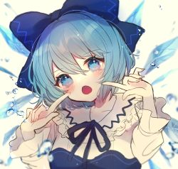 Rule 34 | 1girl, :o, alternate costume, blue bow, blue eyes, blue hair, blue ribbon, blush, bow, chikuwa (tikuwaumai ), cirno, commentary request, grey background, hair between eyes, hair bow, hands up, head tilt, highres, ice, ice wings, index fingers raised, long sleeves, looking at viewer, neck ribbon, open mouth, ribbon, shirt, short hair, simple background, solo, touhou, upper body, water drop, white shirt, wings