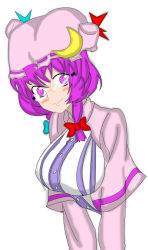 Rule 34 | 1girl, alextheflame, blush, bow, breasts, buttons, closed mouth, cropped torso, dutch angle, embarrassed, glasses, hair bow, hat, hat ribbon, highres, large breasts, long sleeves, looking at viewer, mob cap, patchouli knowledge, purple eyes, purple hair, ribbon, ribbon-trimmed headwear, ribbon trim, rimless eyewear, self-upload, sidelocks, simple background, solo, striped, touhou, upper body, vertical stripes, white background