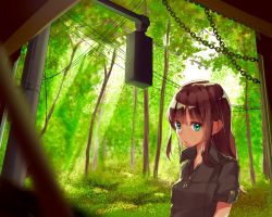 Rule 34 | 1girl, black shirt, blurry, breasts, brown hair, closed mouth, collared shirt, day, depth of field, forest, green eyes, hami yura, long hair, looking at viewer, nature, original, outdoors, shirt, short sleeves, sidelocks, small breasts, solo