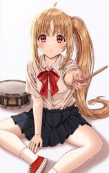 Rule 34 | 1girl, absurdres, ahoge, black skirt, blonde hair, blush, bocchi the rock!, bow, collared shirt, commentary request, drum, drumsticks, feet out of frame, highres, holding, holding drumsticks, ijichi nijika, instrument, long hair, long sleeves, looking at viewer, ojyomu, pleated skirt, pout, red bow, red eyes, red footwear, school uniform, shimokitazawa high school uniform, shirt, shoes, short sleeves, side ponytail, sidelocks, simple background, sitting, skirt, sneakers, socks, solo, very long hair, white background, white shirt, white socks