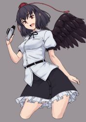 Rule 34 | 1girl, belt, bird wings, black hair, black skirt, black wings, breasts, brown eyes, camera, collared shirt, commentary, cropped legs, frilled skirt, frills, grey background, hat, highres, holding, holding camera, kakone, looking at viewer, medium breasts, open mouth, shameimaru aya, shirt, short hair, simple background, skirt, solo, teeth, tokin hat, touhou, upper teeth only, white shirt, wings