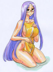 Rule 34 | ass, bathing, blush, breasts, cleavage, fate/stay night, fate (series), glasses, huge ass, kikuta, large breasts, long hair, medusa (fate), medusa (rider) (fate), nude, purple hair, square pupils, towel