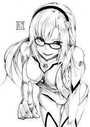 Rule 34 | 1girl, crosshatching, eudetenis, glasses, greyscale, hand on own knee, hatching (texture), high contrast, highres, image sample, leaning forward, lineart, long hair, looking at viewer, makinami mari illustrious, monochrome, neon genesis evangelion, plugsuit, rebuild of evangelion, signature, smile, solo, white background