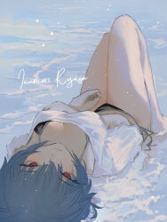 alternate_costume artist_name ayanami_rei bikini bikini_under_clothes black_bikini blue_hair closed_mouth commentary_request expressionless inaeda_kei knees_up legs_folded looking_at_viewer lying lying_on_water neon_genesis_evangelion ocean on_back red_eyes shirt short_hair signature swimsuit t-shirt thighs white_shirt
