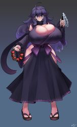 Rule 34 | 1girl, @ @, absurdres, adapted costume, ahoge, alternate breast size, black dress, blush, breasts, cleavage, commentary, creatures (company), dress, full body, game freak, gigantic breasts, gipehtyboo, gohei, hairband, hex maniac (pokemon), highres, huge breasts, japanese clothes, long dress, messy hair, miko, nintendo, nontraditional miko, poke ball, poke ball (legends), pokemon, pokemon legends: arceus, purple hairband, sandals, solo, thick thighs, thighs