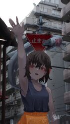 Rule 34 | 1girl, absurdres, apartment, black shirt, brown hair, building, frilled shark, highres, ikanoshiokara, open mouth, original, outdoors, outstretched arm, power lines, purple eyes, road sign, shirt, short hair, sign, solo, tank top, urban, utility pole, waving