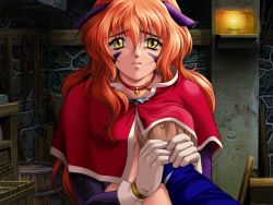 Rule 34 | 1girl, animal ears, grabbing another&#039;s breast, breasts, cat ears, choker, game cg, grabbing, guided breast grab, guiding hand, male hand, nina (words worth), orange hair, words worth, yellow eyes