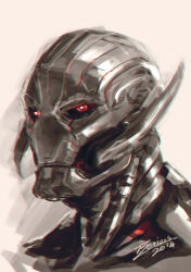 Rule 34 | 1boy, 2014, android, artist request, avengers: age of ultron, avengers (series), dated, glowing, glowing eyes, looking at viewer, marvel, marvel cinematic universe, red eyes, robot, serious, simple background, ultron