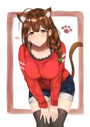 Rule 34 | 1girl, absurdres, ahoge, animal ear fluff, animal ears, black thighhighs, blue shorts, bow, bra strap, braid, breasts, brown eyes, brown hair, cat ears, cat girl, cat tail, closed mouth, collarbone, commentary request, earrings, green bow, hair bow, hair over shoulder, hands on own thighs, highres, idolmaster, idolmaster shiny colors, jewelry, kemonomimi mode, kuwayama chiyuki, large breasts, leaning forward, long hair, long sleeves, looking at viewer, red shirt, shirt, short shorts, shorts, sidelocks, single braid, smile, solo, tail, takani0721, thighhighs, v arms