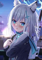 Rule 34 | 1girl, absurdres, adjusting hair, animal ear fluff, animal ears, assault rifle, blazer, blue archive, blue eyes, blue necktie, blue scarf, blurry, buttoned cuffs, buttons, collared shirt, commentary request, cpk prd, cross hair ornament, depth of field, from side, grey hair, gun, hair between eyes, hair ornament, halo, highres, jacket, long sleeves, looking at viewer, medium hair, mismatched pupils, necktie, outdoors, parted lips, rifle, scarf, school uniform, shiroko (blue archive), shirt, sidelocks, sig sauer 556, solo, weapon, weapon on back, wolf ears, wolf girl