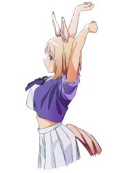 Rule 34 | 1girl, absurdres, animal ears, arms up, blonde hair, bow, bowtie, breasts, closed mouth, from side, highres, horse ears, horse girl, medium breasts, mugi0913, narita top road (umamusume), orange eyes, profile, purple shirt, sailor collar, school uniform, shirt, short hair, short sleeves, sideways mouth, simple background, skirt, smile, solo, stretching, tracen school uniform, umamusume, upper body, white background, white skirt
