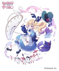 Rule 34 | 1girl, ace (playing card), ace of spades, alice (alice in wonderland), alice in wonderland, black footwear, blonde hair, blue dress, braid, card, card soldier, cat, cinderella nine, cinderella series, company name, copyright name, dress, fork hair ornament, frilled dress, frills, full body, hat, unworn hat, unworn headwear, highres, leg ribbon, long hair, long sleeves, official art, pantyhose, playing card, pocket watch, purple cat, ribbon, saucer, side ponytail, simple background, solo, spade (shape), spoon hair ornament, tea, watch, white background, white pantyhose