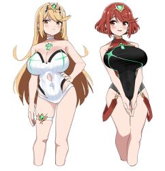 Rule 34 | 2girls, breasts, fried bocky, highres, large breasts, multiple girls, mythra (radiant beach) (xenoblade), mythra (xenoblade), pyra (pro swimmer) (xenoblade), pyra (xenoblade), simple background, swimsuit, white background
