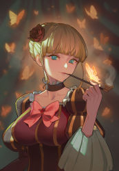 Rule 34 | 1girl, beatrice (umineko), blonde hair, blue eyes, blunt bangs, bow, breasts, brown choker, bug, butterfly, choker, commentary, covered erect nipples, english commentary, flower, hair bun, hair flower, hair ornament, holding, holding smoking pipe, insect, large breasts, looking at viewer, pink bow, puffy sleeves, rose, sidelocks, single hair bun, smoking, smoking pipe, solo, timbougami, umineko no naku koro ni, upper body