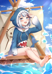 Rule 34 | 1girl, :d, absurdres, animal hood, arm up, barefoot, blue eyes, blue hair, blue hoodie, blue sky, blurry, blurry foreground, cloud, commentary request, day, depth of field, drawstring, feet, fins, fish tail, gawr gura, gawr gura (1st costume), grey hair, highres, hololive, hololive english, hood, hood down, hoodie, long hair, long sleeves, looking at viewer, multicolored hair, muwa12, open mouth, outdoors, raft, shark hood, shark tail, sharp teeth, sky, smile, soles, solo, streaked hair, tail, teeth, toes, virtual youtuber, water, water drop, wide sleeves