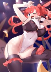 Rule 34 | 1girl, aiushi (lovecowjp), animal ears, armpits, azur lane, black thighhighs, blue eyes, blush, bow, breasts, covered navel, fake animal ears, feet out of frame, from above, hair bow, hair ornament, hand up, highleg, highres, large breasts, leotard, long hair, looking at viewer, nail polish, one eye closed, open mouth, playboy bunny, rabbit ears, red hair, red nails, san diego (azur lane), simple background, smile, solo, standing, standing on one leg, thighhighs, thighs