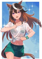 Rule 34 | 1girl, absurdres, animal ears, black bra, blush, bra, bra visible through clothes, breasts, brown hair, clenched hands, cowboy shot, diffraction spikes, earrings, gaze on me! outfit (umamusume), green shorts, highres, horse ears, horse girl, horse tail, jewelry, kusanagi kaoru, long hair, looking at viewer, midriff, multicolored hair, navel, open mouth, purple eyes, see-through, see-through shirt, shirt, short sleeves, shorts, single earring, small breasts, smile, solo, streaked hair, sweat, sweatband, symboli rudolf (umamusume), tail, tied shirt, umamusume, underwear, wet, wet clothes, wet shirt, white shirt