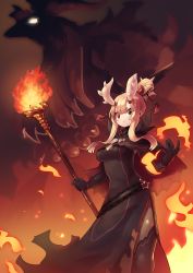 Rule 34 | 1girl, absurdres, black capelet, black dress, black gloves, black thighhighs, blonde hair, breasts, capelet, closed mouth, dragon, dress, gloves, hair bun, hair ornament, hairpin, hand up, highres, holding, holding staff, horns, iga (okame nin), looking at viewer, medium breasts, okame nin, original, pale skin, side slit, single hair bun, smile, solo, spiked horns, staff, standing, thighhighs, yellow eyes