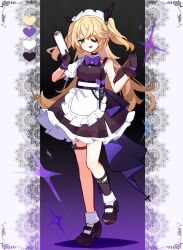 Rule 34 | 1girl, alternate costume, apron, bare shoulders, bat ornament, black dress, black footwear, blonde hair, blush, bow, bowtie, breasts, dress, enmaided, eyepatch, fischl (genshin impact), frilled apron, frilled dress, frills, genshin impact, gloves, green eyes, hair over one eye, hair ribbon, highres, long hair, looking at viewer, maid, maid apron, maid cafe, maid headdress, medium breasts, open mouth, purple bow, ribbon, short sleeves, simple background, smile, solo, two side up, utori (tanakautori), waist apron, white apron