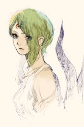 Rule 34 | 1girl, blue eyes, breath of fire, breath of fire v, closed mouth, facial mark, forehead mark, green hair, hair over one eye, highres, kannoaki, looking at viewer, nina (breath of fire v), short hair, simple background, solo, white background