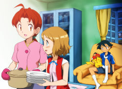 Rule 34 | 2boys, 3girls, absurdres, ahoge, anime coloring, ash ketchum, blue jacket, blush, bonnie (pokemon), brown eyes, brown hair, chair, clemont (pokemon), commentary request, creatures (company), curtains, delia ketchum, eye contact, eyelashes, game freak, gen 1 pokemon, greatestwashi, hair tie, highres, holding, holding plate, holding pot, indoors, jacket, looking at another, looking inside, mittens, mother and son, multiple boys, multiple girls, nintendo, open mouth, pikachu, pink mittens, plate, pokemon, pokemon (anime), pokemon (creature), pokemon on leg, pokemon xy (anime), ponytail, pot, serena (pokemon), short hair, short sleeves, shorts, sitting, skirt, socks, tongue, white legwear, window
