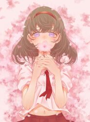 Rule 34 | 1girl, blue eyes, blush, brown hair, cherry blossoms, covered mouth, enushi, flower, hairband, highres, holding, holding flower, idolmaster, idolmaster cinderella girls, looking at viewer, navel, petals, pink shirt, pleated skirt, red hairband, red skirt, sakuma mayu, shirt, skirt, solo, stomach, upper body