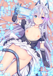 Rule 34 | 1girl, ahoge, android, animal ears, black dress, black gloves, blue eyes, breasts, cat ears, cat tail, commentary request, dress, frills, gloves, hair ornament, hairclip, heterochromia, highres, long hair, looking at viewer, lying, maid headdress, nipples, on back, original, puffy short sleeves, puffy sleeves, short sleeves, small breasts, solo, suterii, tail, white hair