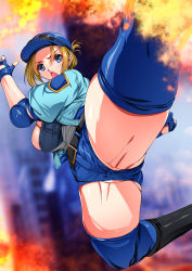 Rule 34 | 1girl, ass, belt, blonde hair, blue eyes, breasts, capcom, cleavage, denim, denim shorts, elbow pads, final fight, final fight 3, fingerless gloves, fire, gloves, groin tendon, hat, jacket, kicking, large breasts, legs, lucia morgan, open mouth, police, police uniform, policewoman, ponytail, pussy, shiny skin, shorts, skindentation, smash daisaku, spread legs, street fighter, street fighter v, sunglasses, sunglasses on head, thick thighs, thighhighs, thighs, uniform