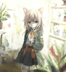 Rule 34 | 1girl, animal ear fluff, animal ears, arikomen, arknights, black choker, black skirt, black wristband, blonde hair, bow, bowtie, choker, closed mouth, coat, commentary request, cowboy shot, dog ears, dog girl, green coat, green eyes, highres, infection monitor (arknights), long hair, long sleeves, looking at viewer, miniskirt, podenco (arknights), puffy long sleeves, puffy sleeves, shirt, skirt, solo, white shirt, yellow bow, yellow bowtie