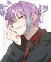 Rule 34 | 1boy, black shirt, character name, coat, ear piercing, finger heart, fingernails, green coat, grin, hr rinn, kamishiro rui, long sleeves, looking at viewer, male focus, multicolored hair, necktie, one side up, piercing, project sekai, purple hair, red necktie, shirt, smile, solo, streaked hair, upper body, white background, yellow eyes, zozotown