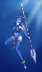 Rule 34 | 1girl, absurdres, android, arm up, armpits, blue eyes, boots, breasts, bubble, full body, gloves, helmet, highres, holding, holding polearm, holding weapon, large breasts, leg up, fairy leviathan (mega man), looking at viewer, mega man (series), mega man zero (series), polearm, robot, robot girl, smile, solo, spear, sunlight, thigh boots, thighhighs, underwater, user ajun2328, water, weapon, white gloves
