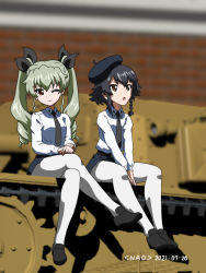 Rule 34 | 2girls, 3d, 3d background, :o, ;), anchovy (girls und panzer), anzio school uniform, artist name, belt, beret, black belt, black footwear, black hair, black headwear, black neckwear, black ribbon, black skirt, blurry, blurry background, braid, brown eyes, closed mouth, commentary request, dated, depth of field, dress shirt, drill hair, girls und panzer, green hair, hair ribbon, hat, highres, loafers, long hair, long sleeves, looking at viewer, looking to the side, military, military vehicle, miniskirt, mixed media, motor vehicle, multiple girls, naotosi, necktie, on vehicle, one eye closed, open mouth, pantyhose, pepperoni (girls und panzer), pleated skirt, ribbon, school uniform, semovente 75/18, shirt, shoes, short hair, side braid, sitting, skirt, smile, tank, tilted headwear, twin drills, twintails, v arms, white legwear, white shirt, wing collar