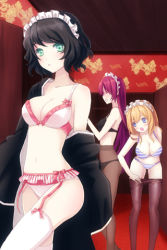 Rule 34 | 3girls, black hair, blonde hair, blue eyes, bow, bra, breasts, chief maid, cleavage, clothes pull, garter belt, green eyes, hairband, japanese clothes, large breasts, lesnoa (sword girls), lingerie, long hair, lowres, maid headdress, multiple girls, open mouth, panties, panties under pantyhose, pantyhose, pantyhose pull, purple hair, ribbon, short hair, silent maid, smile, striped clothes, striped panties, sword girls, thighhighs, underwear, underwear only, undressing
