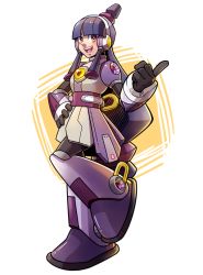 Rule 34 | 1girl, ace attorney, adapted costume, android, black gloves, black hair, blush, breasts, commentary, commission, crossover, english commentary, fringe trim, full body, gloves, half updo, hand gesture, hand on own hip, headgear, index finger raised, leg up, long hair, maya fey, medium breasts, mega man (series), mega man x (series), open mouth, robot ears, sidelocks, skirt, skycompass, smile, solo, standing, teeth, very long hair