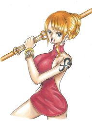 Rule 34 | 1girl, arm tattoo, backless dress, backless outfit, bracelet, breasts, cowboy shot, cropped legs, dress, earrings, from above, halter dress, halterneck, huge breasts, jewelry, large breasts, legs apart, log pose, looking at viewer, nami (one piece), nami (one piece) (whole cake island), official alternate costume, one piece, open mouth, red dress, short dress, short hair, simple background, solo, staff, tareme, tattoo, traditional media, turtleneck, turtleneck dress, v-shaped eyebrows, white background