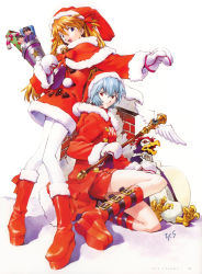Rule 34 | 2girls, :d, absurdres, alternate costume, ayanami rei, bell, bird, blue eyes, blue hair, boots, bow, bowtie, breasts, buckle, candy, candy cane, capelet, character doll, chimney, christmas, cleaned, cleavage, cleavage cutout, clothing cutout, coat, dress, food, from side, full body, fur trim, gem, german text, gift, hair between eyes, hair ribbon, hand on own thigh, hat, heart, heart cutout, highres, holding, hood, hood down, ikari shinji, jingle bell, kaji ryouji, knee boots, long hair, looking at viewer, mittens, multiple girls, name tag, neon genesis evangelion, official art, open clothes, open coat, open mouth, orange hair, outstretched arm, page number, pantyhose, penguin, penpen, platform footwear, polka dot, pom pom (clothes), red eyes, red footwear, red hair, ribbon, rooftop, sack, sadamoto yoshiyuki, santa costume, santa hat, scan, shadow, short dress, short hair, signature, simple background, sitting, skirt, small breasts, smile, snow, souryuu asuka langley, standing, star (symbol), two side up, wand, white background, white mittens, white pantyhose, wings, winter clothes