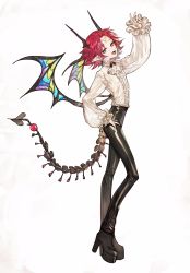 Rule 34 | :d, absurdres, ascot, black pants, blouse, boots, copyright request, demon tail, demon wings, earrings, fang, from side, full body, hand on own hip, hand up, head tilt, high heel boots, high heels, highres, horns, jewelry, long sleeves, looking at viewer, looking to the side, low wings, open mouth, pants, pointy ears, red hair, rosette (yankaixuan), shirt, short hair, simple background, skin tight, smile, solo, tail, white ascot, white background, white shirt, wings, yellow eyes