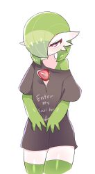 Rule 34 | 1girl, arrow (symbol), black shirt, blush, bob cut, bottomless, bright pupils, closed mouth, clothes writing, colored skin, cowboy shot, creatures (company), ddingyong, english text, female focus, flat chest, game freak, gardevoir, gen 3 pokemon, green hair, green skin, green thighhighs, hair over one eye, half-closed eyes, happy, highres, looking at viewer, multicolored skin, nintendo, off shoulder, one eye covered, pokemon, pokemon (creature), red eyes, shirt, short hair, short sleeves, single bare shoulder, smile, solo, standing, thighhighs, torn clothes, torn shirt, two-tone skin, white pupils, white skin, zettai ryouiki