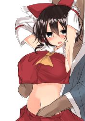 Rule 34 | 1boy, 1girl, armpits, arms up, ascot, black eyes, black hair, blush, bow, breasts, cleavage, detached sleeves, golgi hon, grabbing, grabbing another&#039;s breast, grabbing from behind, hair bow, hair tubes, hakurei reimu, hand in skirt, hand under clothes, hetero, highres, large breasts, midriff, miniskirt, navel, open mouth, red bow, sideboob, simple background, skirt, stomach, touhou, white background