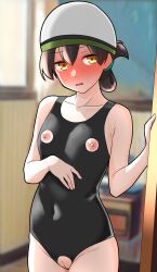 Rule 34 | 1girl, against door, bare shoulders, basket, black one-piece swimsuit, blurry, blurry background, blush, breast cutout, breasts, brown hair, cleft of venus, closed mouth, collarbone, commentary request, cowboy shot, crotch cutout, furaggu (frag 0416), hair between eyes, highres, kantai collection, kasuga maru (kancolle), medium hair, nipples, one-piece swimsuit, painting (object), school swimsuit, small breasts, solo, swim cap, swimsuit, taiyou (kancolle), white headwear, yellow eyes