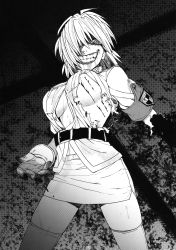 Rule 34 | 1girl, absurdres, amputee, bang-you, belt, blood, crazy eyes, crazy smile, crest, cuts, evil grin, evil smile, false arm, false limb, gloves, greyscale, grin, hair over one eye, hellsing, highres, injury, military, military uniform, miniskirt, monochrome, no bra, non-web source, pencil skirt, seras victoria, short hair, skirt, smile, solo, thighhighs, torn clothes, uniform, vampire