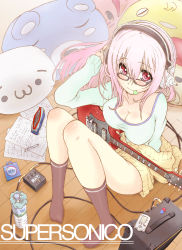 Rule 34 | 1girl, :3, absurdres, amplifier, bean bag chair, black-framed eyewear, black socks, blush, bottle, breast rest, breasts, buttons, cable, cardigan, character name, cleavage, closed mouth, crossed bangs, eyebrows, fingernails, floor, green shirt, guitar, hair between eyes, hand up, headphones, highres, indoors, instrument, io naomichi, knees together feet apart, large breasts, long hair, long sleeves, looking at viewer, mechanical pencil, mouth hold, nitroplus, paper, pencil, pink eyes, pink hair, plectrum, scrunchie, shirt, shoboon, sitting, smile, socks, solo, super sonico, tareme, unbuttoned, water bottle, wooden floor