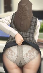 Rule 34 | 1girl, ass, blurry, blurry background, brown hair, clothes lift, facing away, highres, lifting own clothes, long hair, long sleeves, mole, mole on ass, office lady, original, panties, panties under pantyhose, pantyhose, plaid, plump, ryokucha michi, see-through, see-through legwear, skirt, skirt lift, solo, standing, underwear, white panties